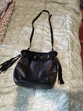 American Eagle Black Leather Drawstring Bucket Bag with Tassels
